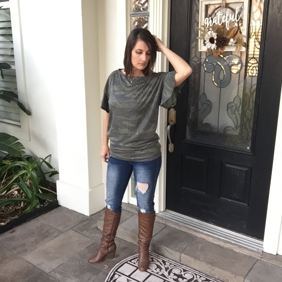 Camouflage Ribbed Ruffle Off Shoulder Dolman Top Green 0919 - Picture 9 of 12